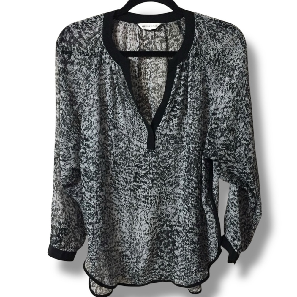 REBECCA TAYLOR Textured Sheer Silk Abstract Print Split Neck Top Contrast Trim